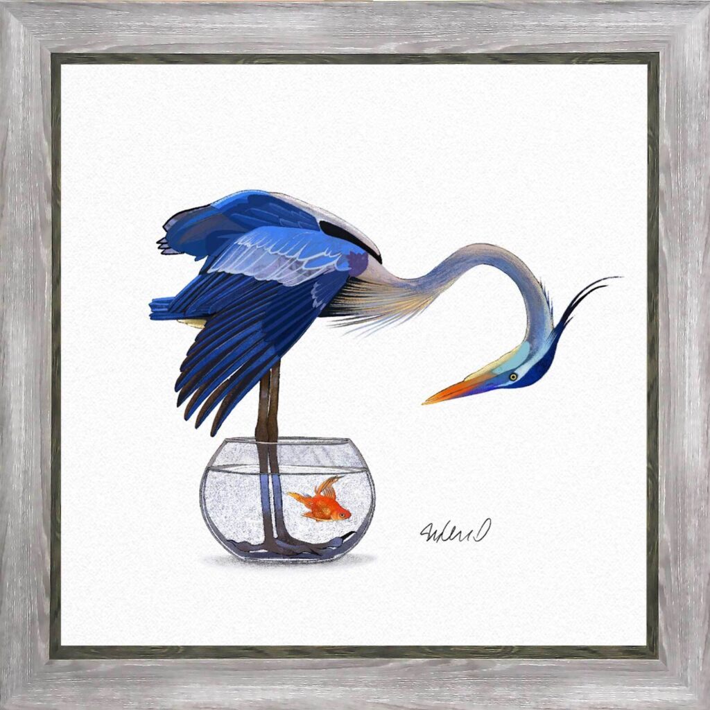 This is a frame with a bird and blue feathers