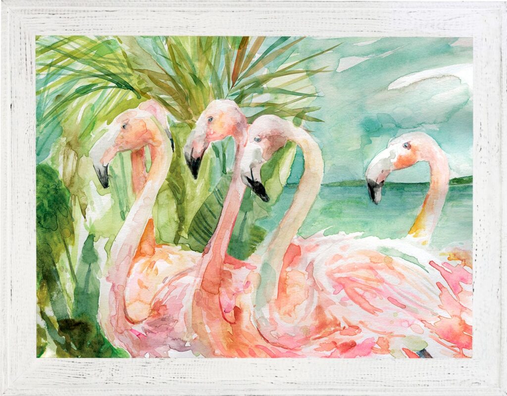 Watercolor painting of four pink flamingos by a tropical pond with green palm fronds in the background framed by a white rustic border.