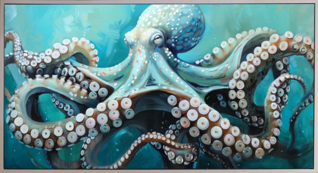 Close-up mural of an octopus’s tentacles with numerous suction cups in blue and teal tones.