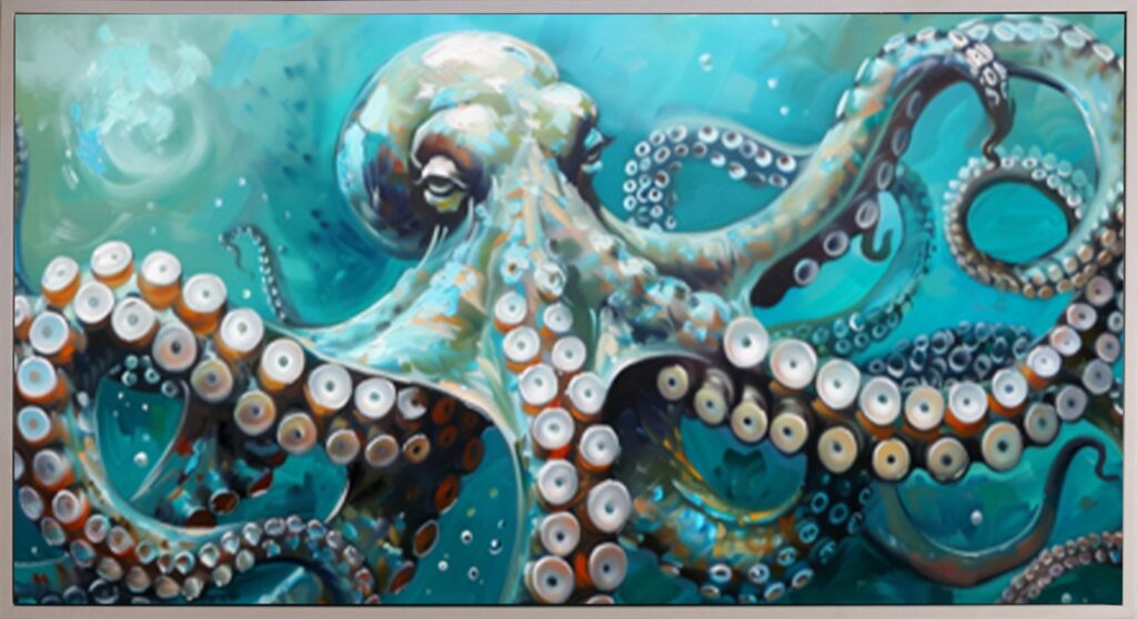 Close-up of an octopus tentacle with many suction cups in turquoise and blue tones underwater (artistic painting).