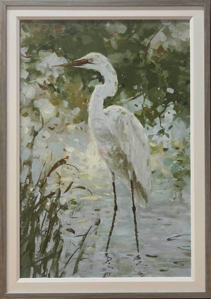 Impressionist painting of a white heron standing in shallow water among reeds and green foliage
