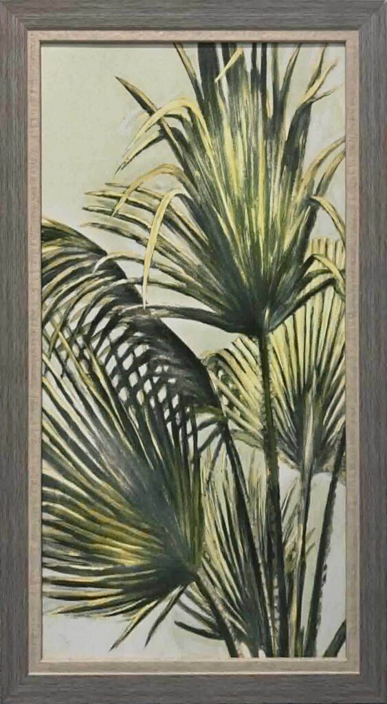 Framed botanical print of tall palm fronds against a light background.