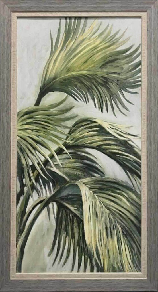 Vertical framed botanical painting of palm fronds in green and yellow tones.