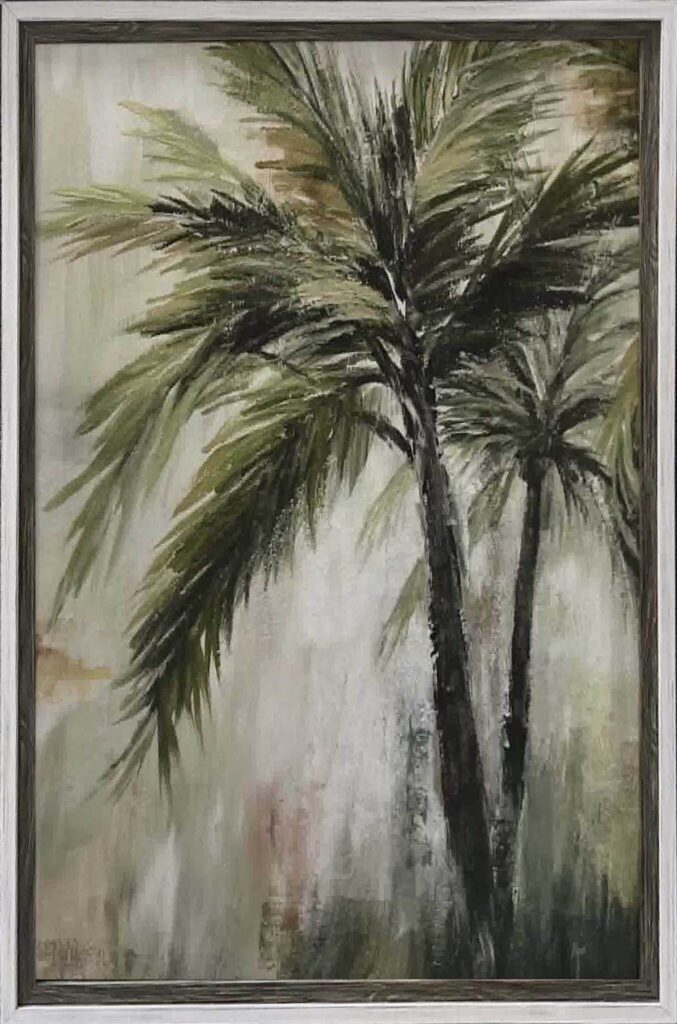 Framed painting of two tall palm trees with lush fronds against a light background.