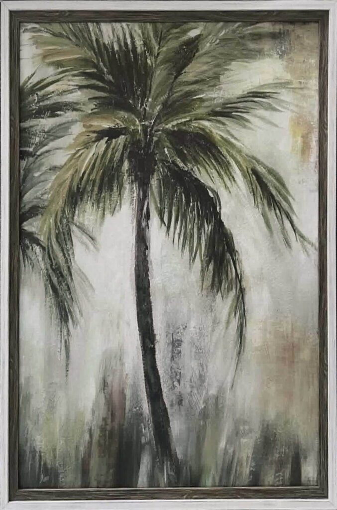 Framed painting of a tall palm tree with drooping fronds against a cloudy gray sky.